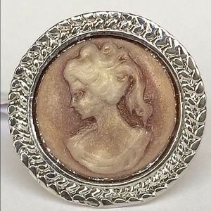 Silver Cameo Cocktail Ring Vintage Victorian Lady Size 7  Plated Beige